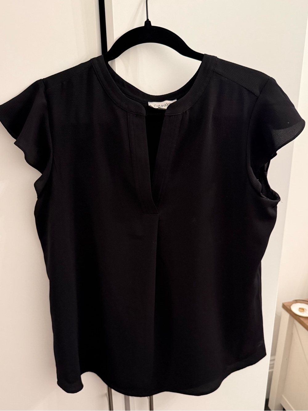 Calvin Klein Black Flutter Sleeve V-Notch Top